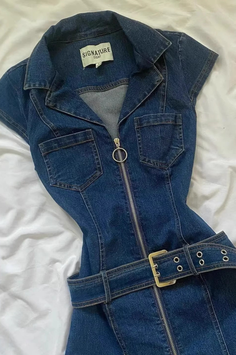 Belted Denim Zip Front Mini Dress