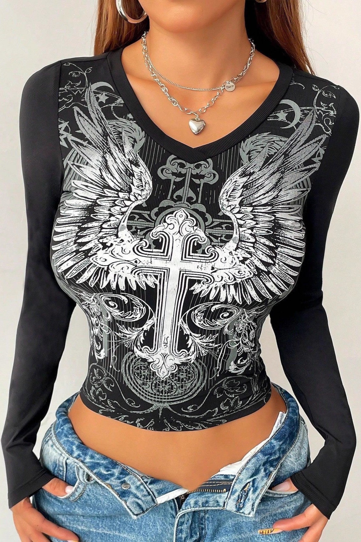 Gothic Wing Print V-Neck T-Shirt Main image