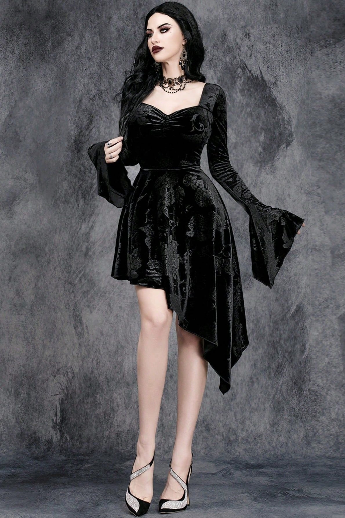 Floral Texture Bell Sleeve Asymmetric Dress