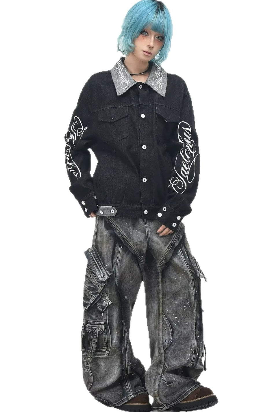 Script Print Boxy Denim Jacket