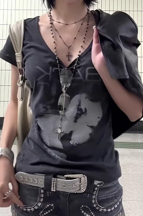Portrait Print Vintage Slim Regular Shoulder T-Shirt Main image