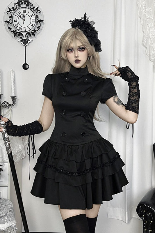 Black Gothic Button Front Layered Mini Dress Main image