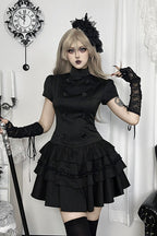 Black Gothic Button Front Layered Mini Dress