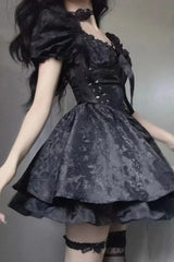 Gothic Jacquard Puff Sleeve A-line Bow Mini Dress