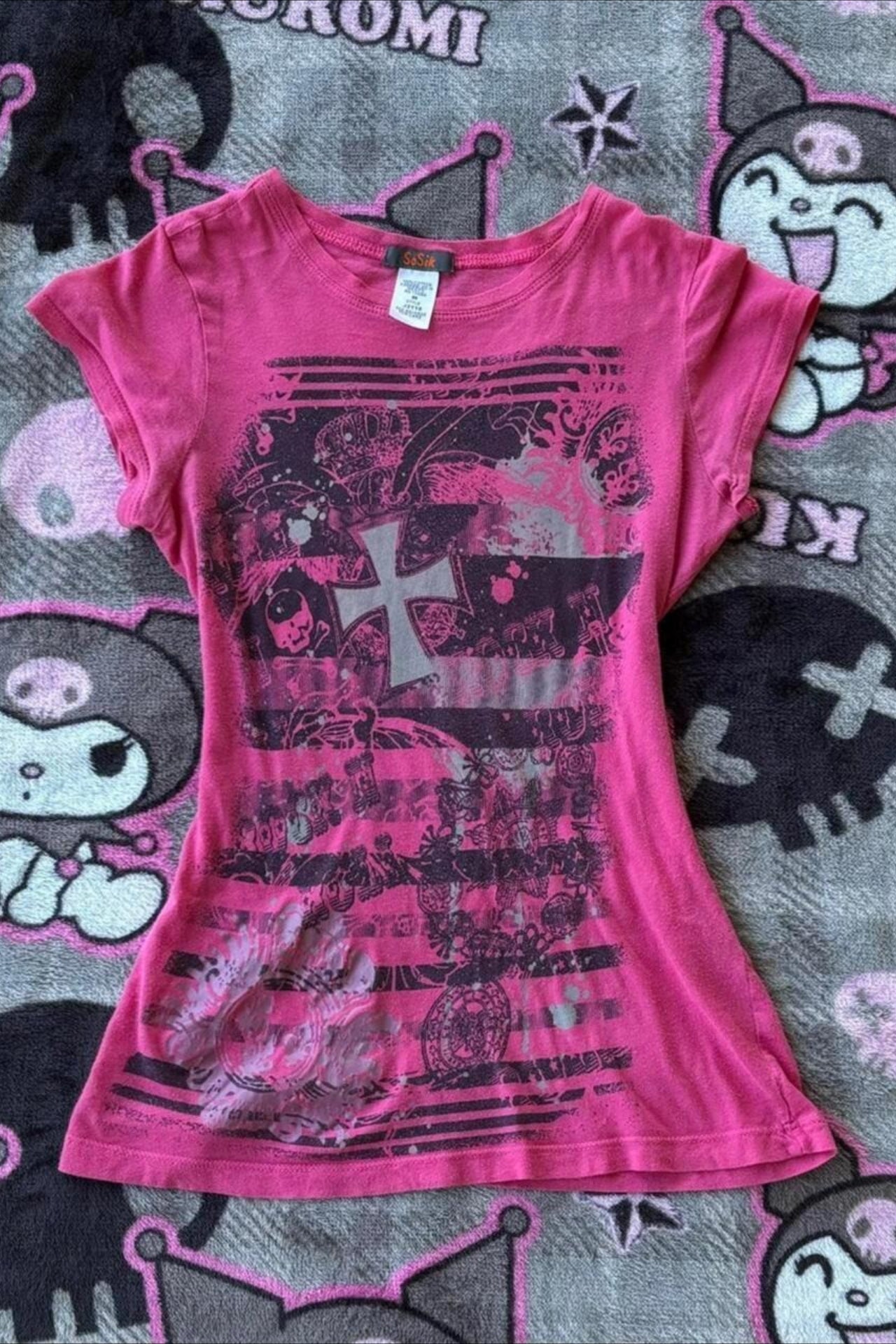 Y2K Gothic Cross Print Slim Crop T-shirt Secondary image