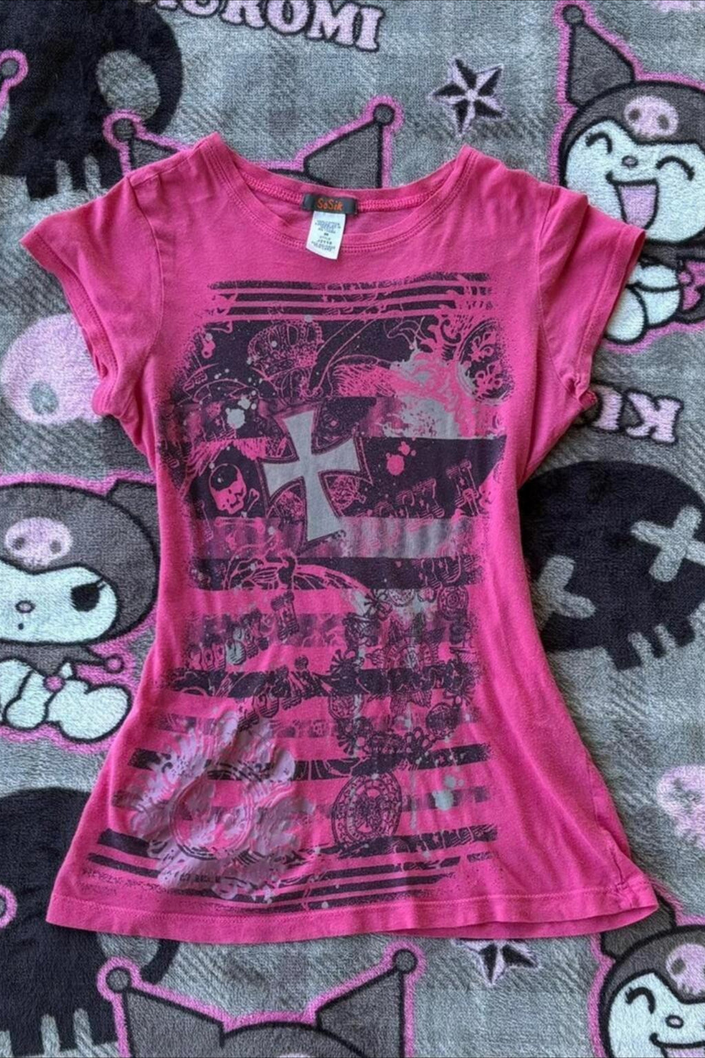 Y2K Gothic Cross Print Slim Crop T-shirt
