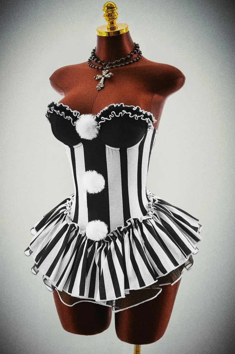 Striped Strapless Pom Detail Mini Dress