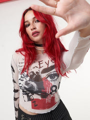 Gothic Punk Long Sleeve Printed Mesh Top