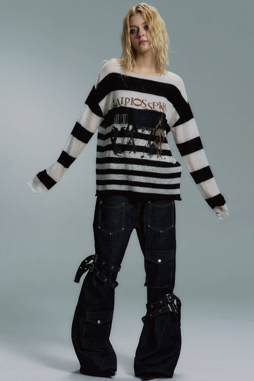 Graphic Stripe Crew Neck Sweaters