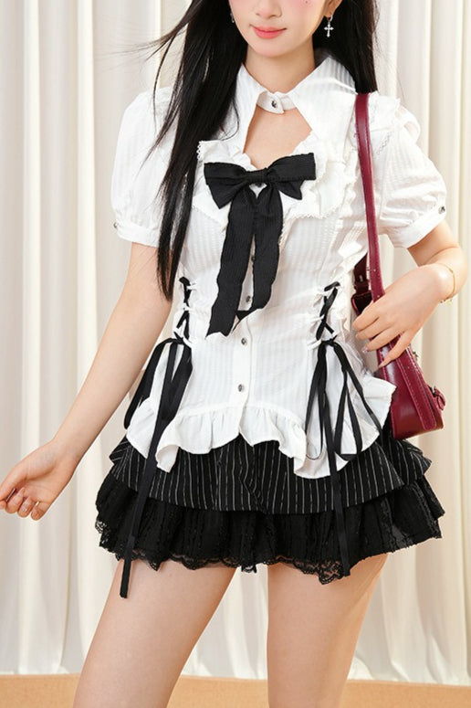Gothic Ruffle Blouse And Tiered Mini Skirt Set