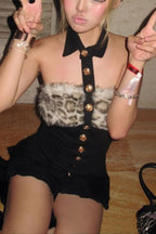 Leopard Trim Collar Halter Mini Dress