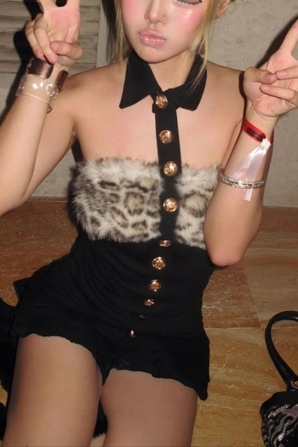 Leopard Trim Collar Halter Mini Dress