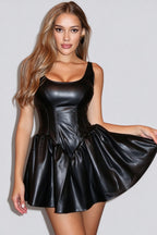 Glossy Scoop Neck Flared Mini Dress