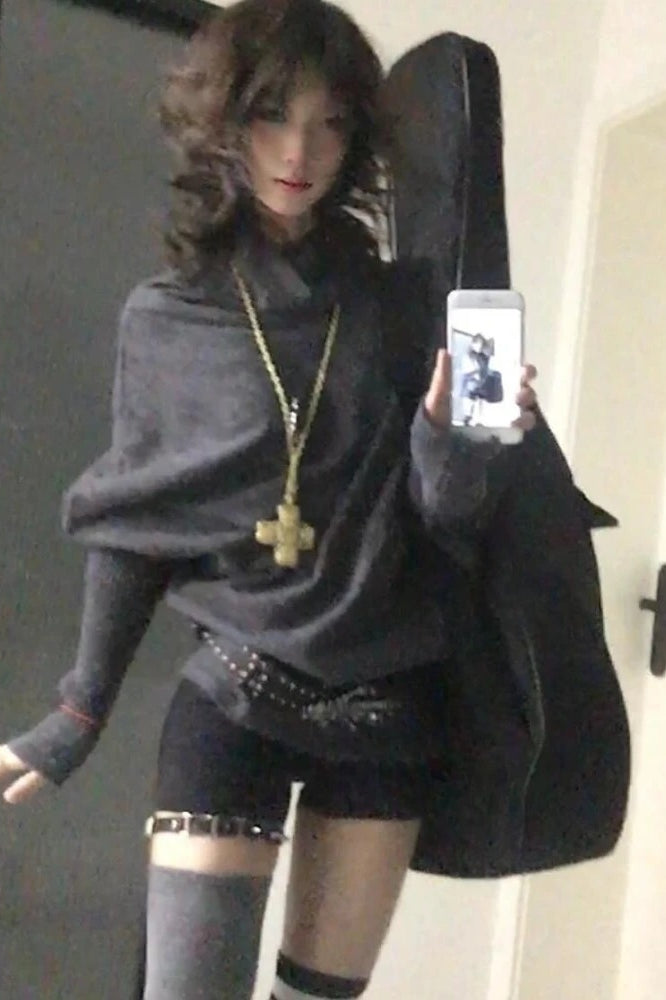Subculture Y2k Korean Fashion Slim Batwing Sleeve Solid Knit Top Secondary image