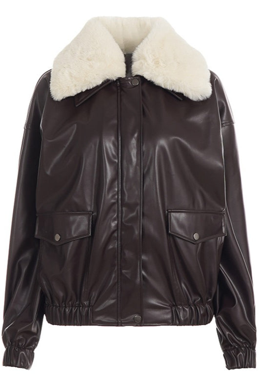 Fluffy Collar Glossy Bomber Jackets