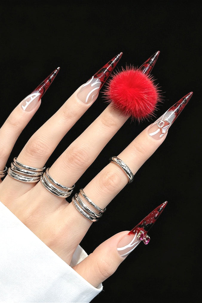 Red Fluffy Leopard Print Long Stiletto Press On Nails