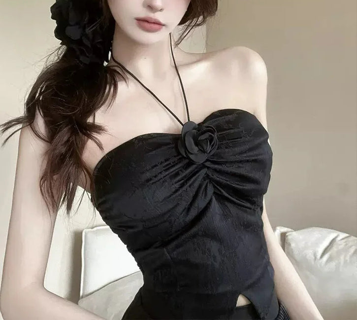 Three-DiWomensional Flower Pleated Halter Crop Top Main image