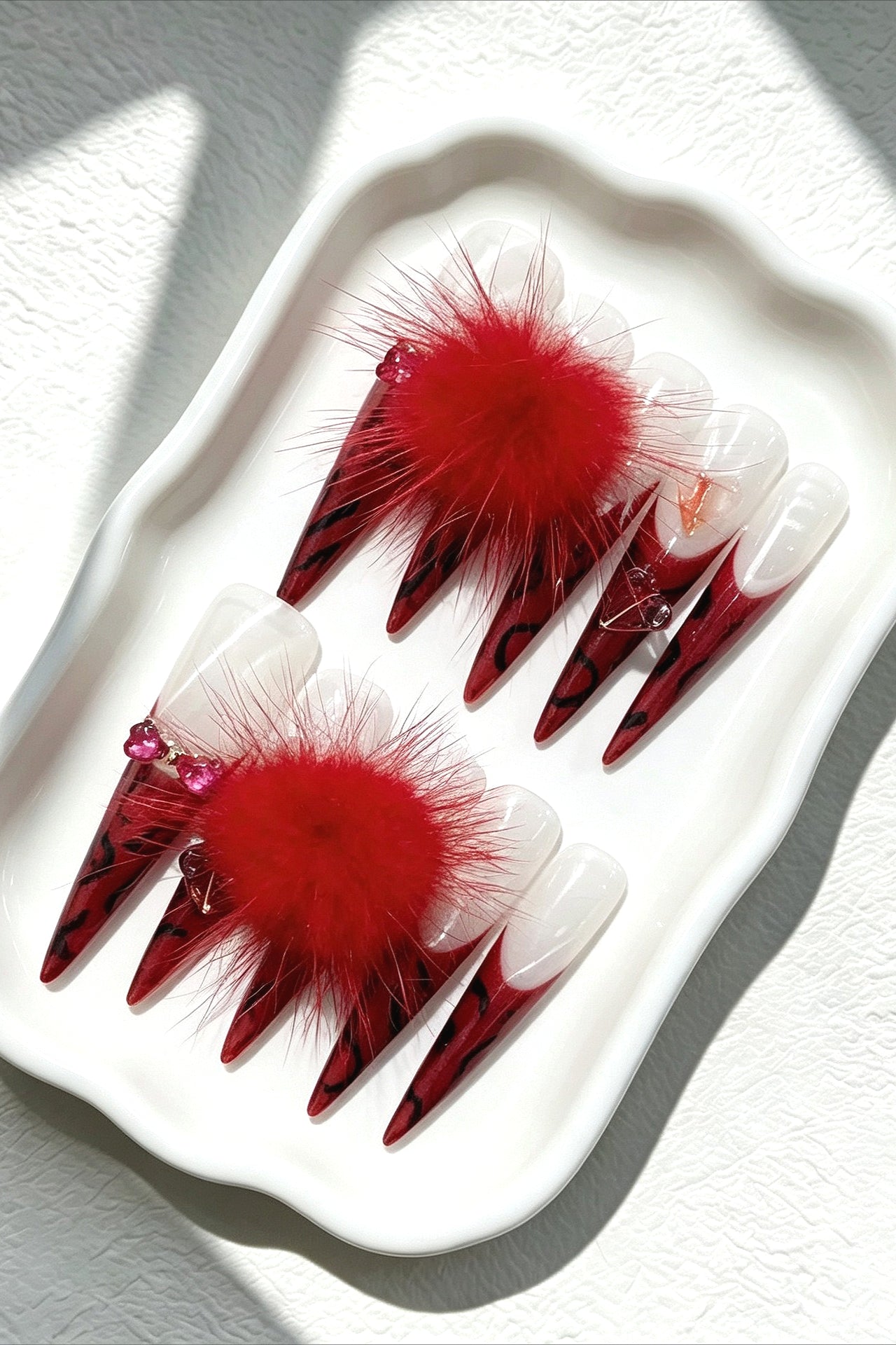 Red Fluffy Leopard Print Long Stiletto Press On Nails