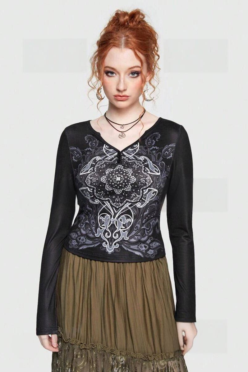 V-Neck Mesh Raglan Floral Knit Top Secondary image