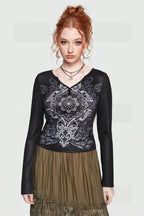 V-Neck Mesh Raglan Floral Knit Top