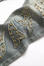 Retro Red Plaid Embroidered Studded Bootcut Denim Pants
