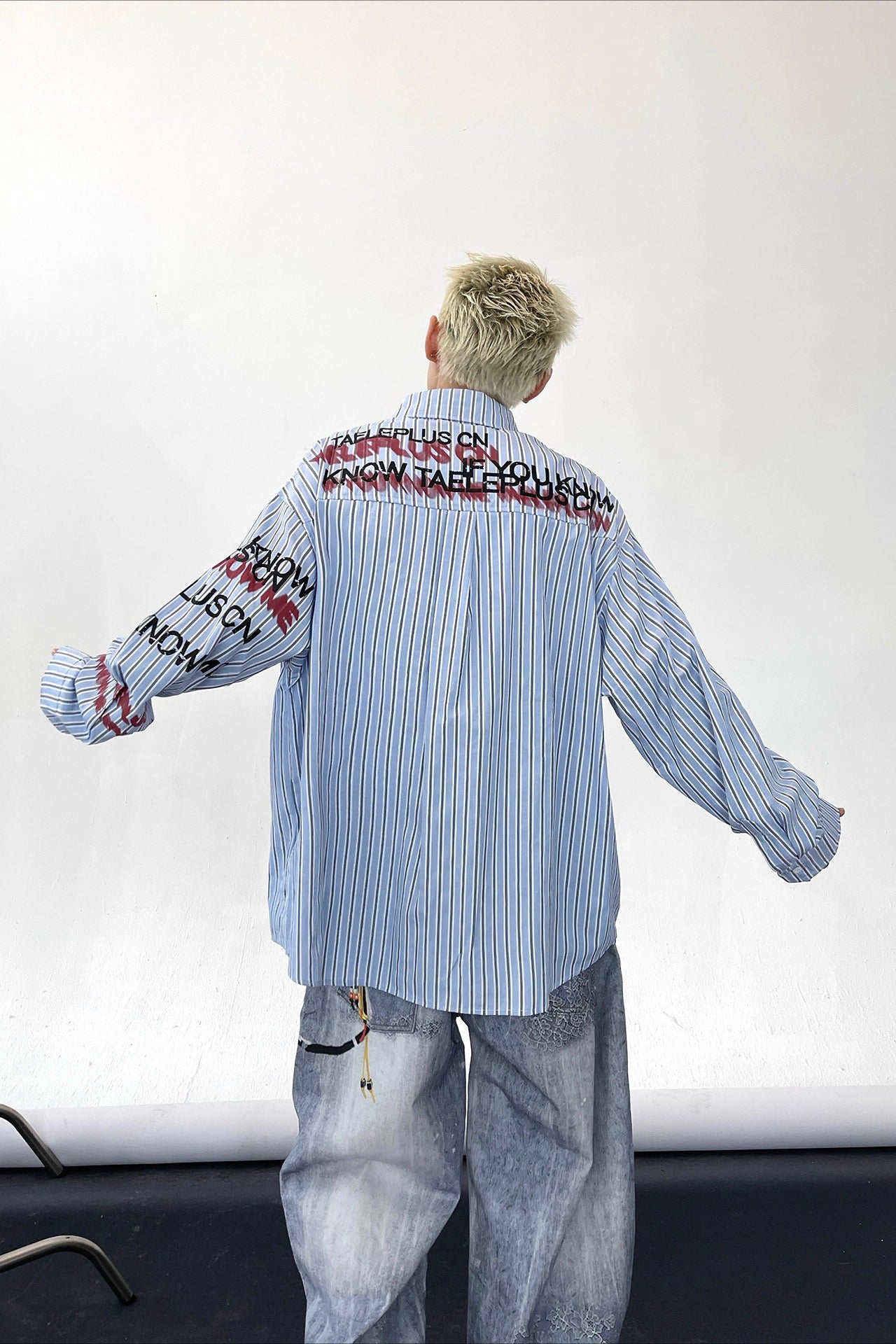 Stripe Punk Slogan Print Relaxed Fit Long Sleeve Blouse Secondary image