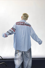 Stripe Punk Slogan Print Relaxed Fit Long Sleeve Blouse