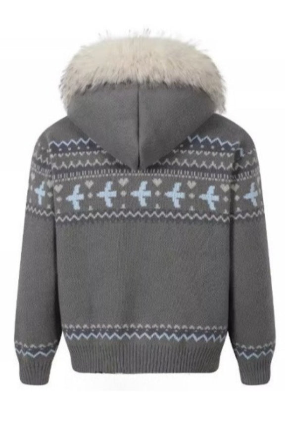 Dog Motif Fluffy Trim Knit Hoodies