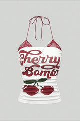 Retro Cherry Floral Lace Patchwork Halter Top