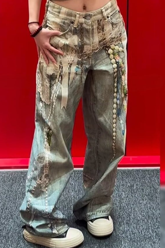 Chain Detail Trompe-L'Oeil Wide-Leg Jeans