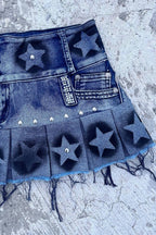 Star Print Washed Denim Pleated Mini Skirt