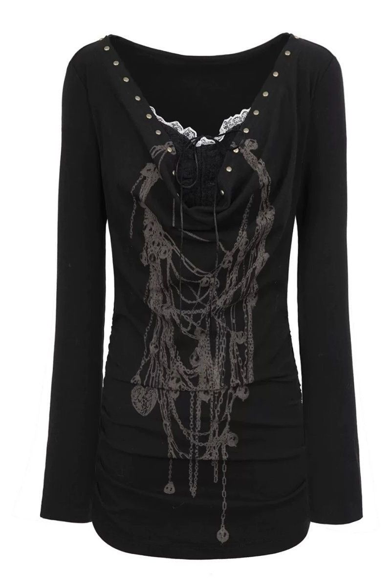 Grunge Lace Patchwork Layered Slim Long Sleeve T-shirt Secondary image