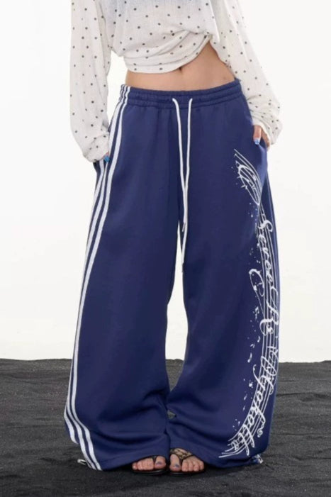 Side Stripe Drawstring Wide Pants