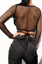Fishnet Wrap Tie Waist Crop Tops