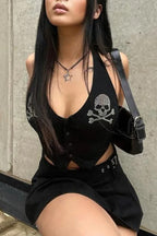 Gothic Skeleton Print Rhinestone Crop Top