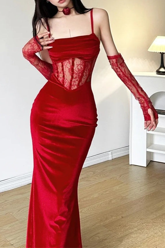 Winter Lace Fishbone Sling Sleeve Formal Maxi Dress Secondary image