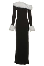 Fluffy Trim Asymmetric Neck Maxi Dress