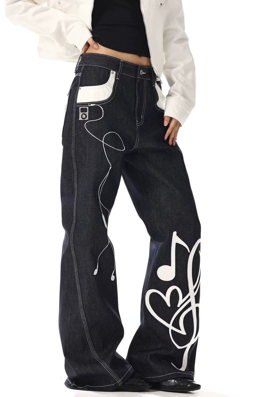 Music Note Contrast Stitch Pants
