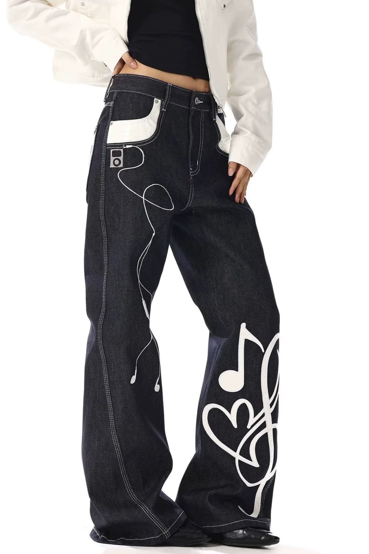 Music Note Contrast Stitch Pants