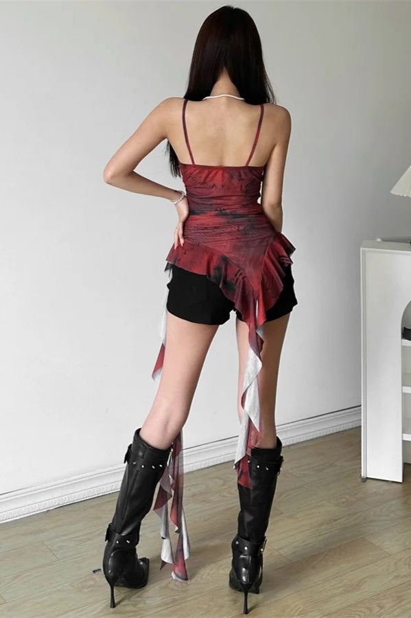 Gradient Ruffle Tassel Sling Sweet Retro Sexy Mini Dress