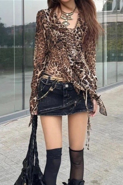 Y2K Asymmetrical Leopard Hem T-Shirt
