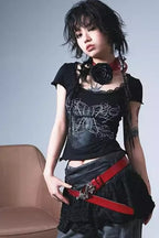 Edgy Y2K Lace Printed Slim Crew Neck T-shirt
