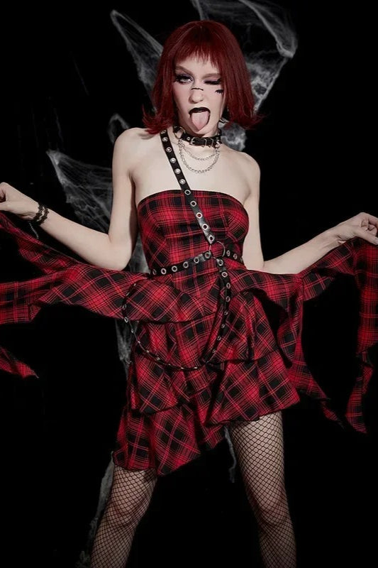 Halloween Sexy Red Black Plaid One Shoulder Dress Main image