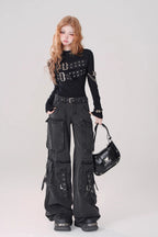 Multi Pocket Strap Wide Leg Cargo Jeans