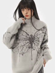 Butterfly Jacquard Turtleneck Warm Cashmere Cardigan Sweater