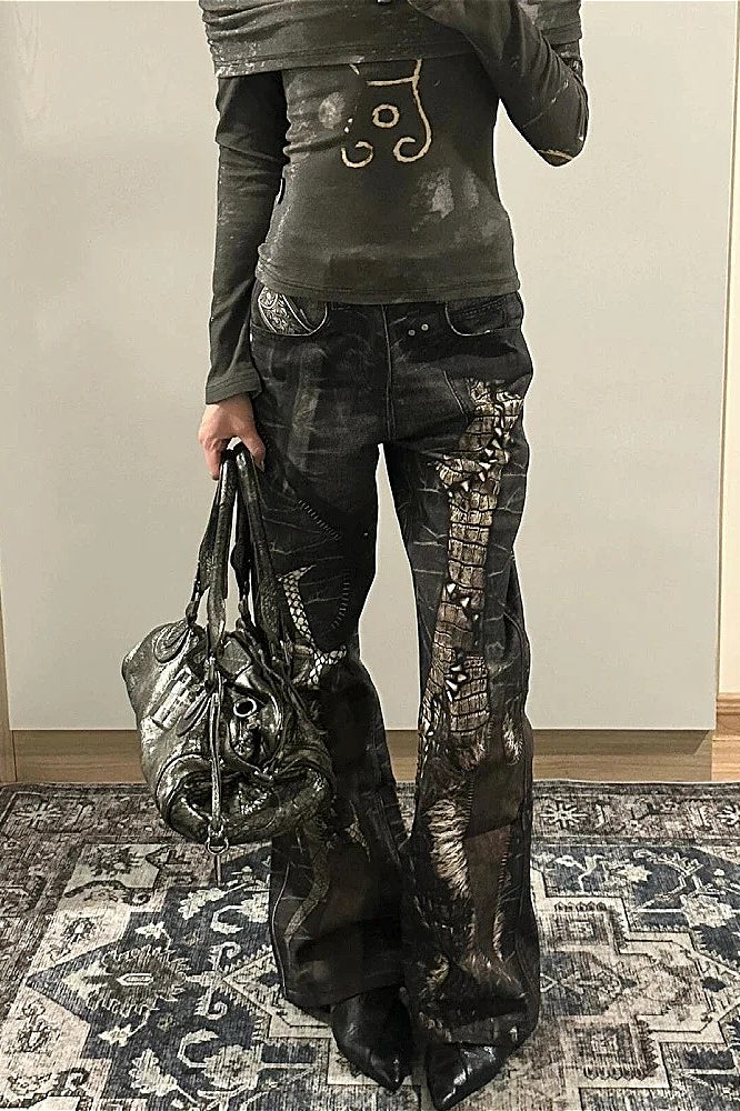 Snake Skin Gothic Punk Black Denim Pants Main image