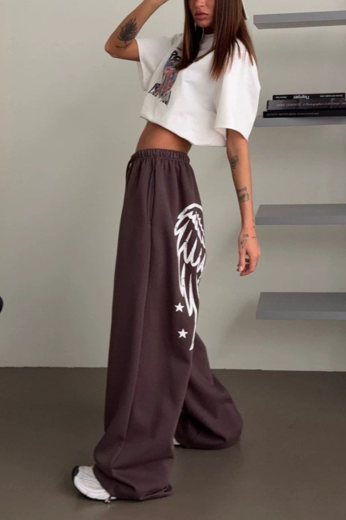 Wing Print High Waist Wide Leg Pants