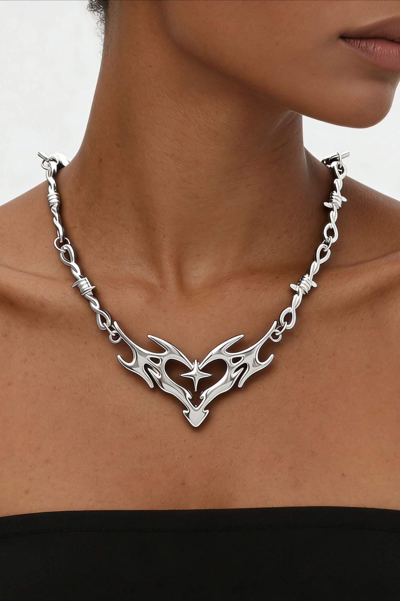 Hip Hop Thorn Flame Hollow Heart Necklace Main image