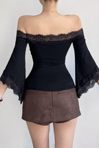 Lace Trim Flared Sleeve Crop Tops