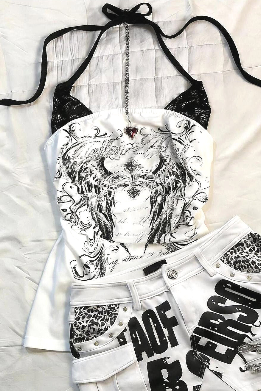 Retro Black White Thorn Wing Print Lace Halter Top